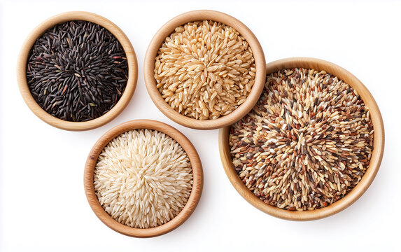 Four wooden bowls filled with various raw rice types. Top view shows black wild grain, white jasmine basmati varieties. Natural organic food products set for healthy diet cooking.