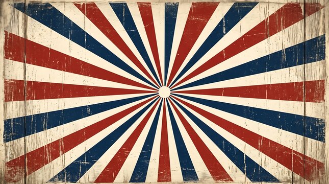 Vintage grunge style background with red white and blue radiating sunburst striped pattern design