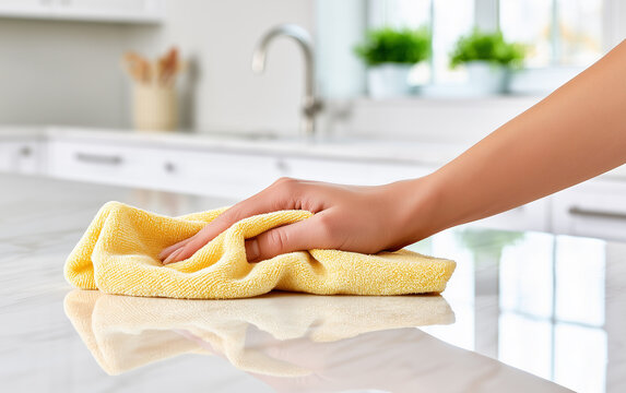 Woman hand cleans white kitchen counter with yellow microfiber cloth. Female housekeeper wipes tabletop for hygiene maintenance inside home.