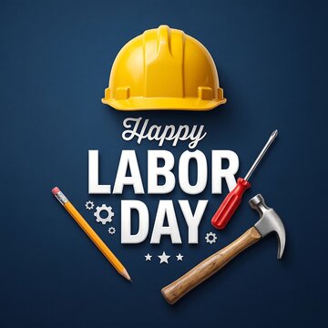 Happy labor day greeting card with yellow hard hat and various construction hand tools