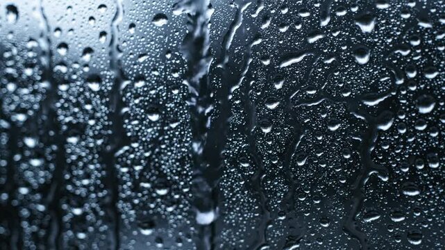 Raindrops running down window pane glass, moody blue rainy weather background, stormy atmosphere and melancholic texture
