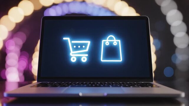 Laptop with glowing online shopping icons against bokeh background
