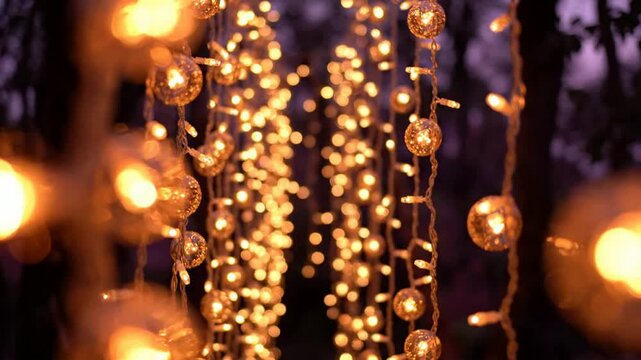 Golden fairy lights bokeh background, magical glowing string lights for holiday celebration and event decor