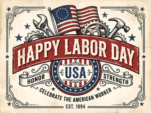 Vintage style happy labor day poster featuring american flag and industrial tools illustration