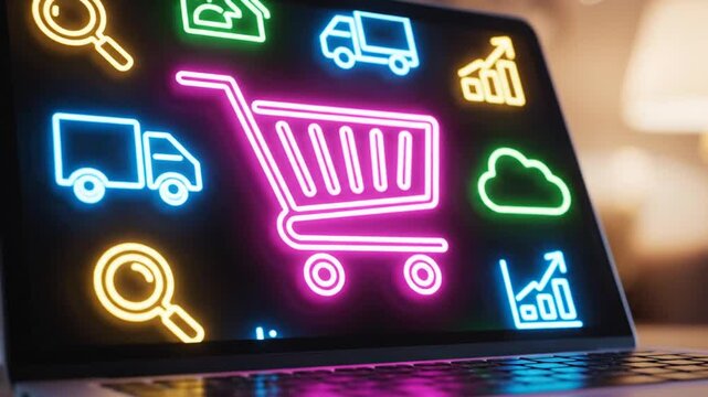 Laptop with neon e-commerce icons on screen indoors