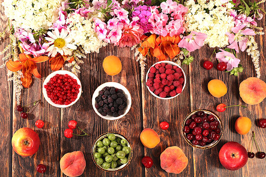 Drawing of daisies, hydrangeas, phlox, lilies, currants, cherries, raspberry and fruit makes for a sunny summer postcard. Advertising banner featuring beautiful garden flowers, fruits, and berries