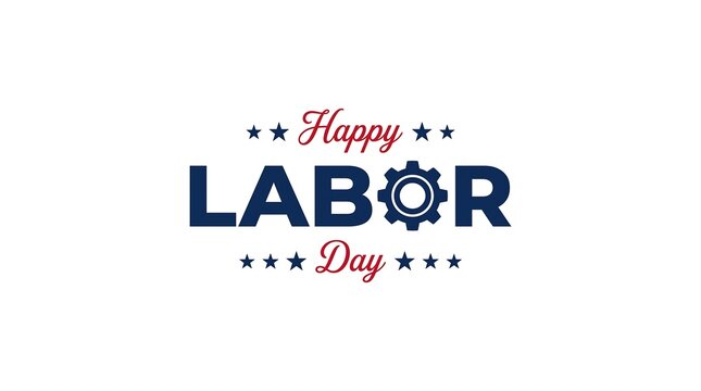 Happy labor day typographic design with a gear icon and stars on white background