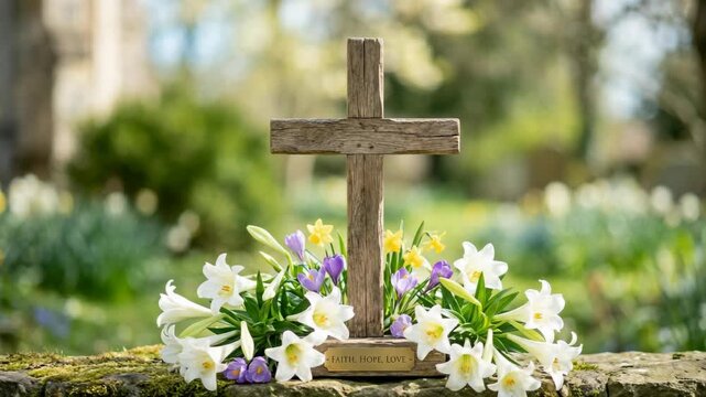 Flower arrangement adorning a simple cross on a rock wall, signifying remembrance or tribute.