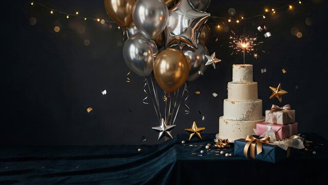 Cake stands beside wrapped presents and gold balloons on a dark surface to create a sophisticated anniversary display.