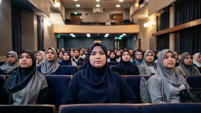 A group of women wearing hijabs sitting in a classroom setting.