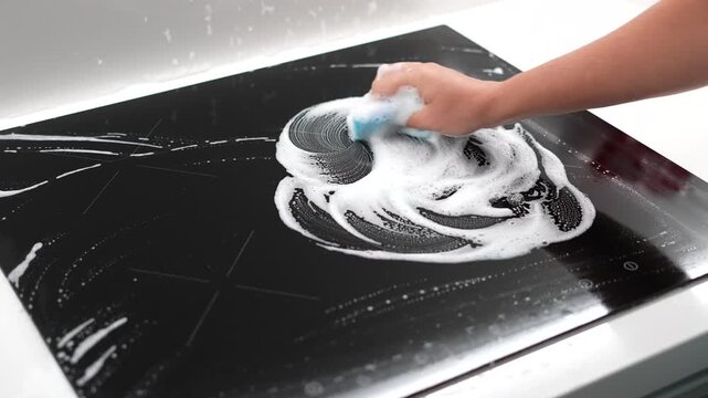 Cleaning Glass Ceramic Induction Cooktop with Soapy Sponge