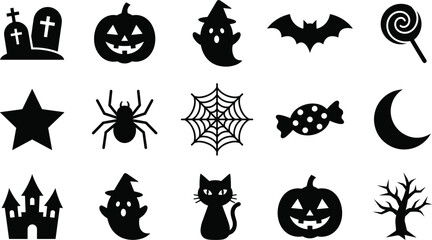 Fototapeta premium Halloween Silhouette Icon Set with Pumpkin Ghost Bat Castle Cat and Spooky Symbols