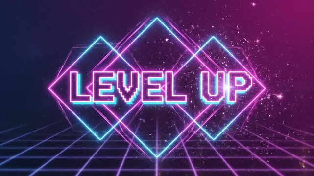 Level up neon text on retro synthwave grid background