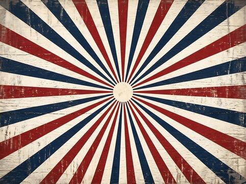Vintage grunge style background with red white and blue radiating sunburst striped pattern