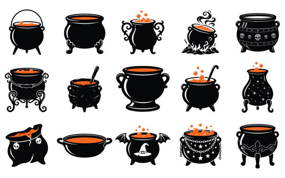 Set of spooky halloween vector elements featuring magical witch cauldrons with bubbling potions and mystical festive decorations