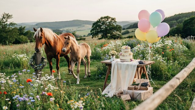 Horses stand in a blooming summer field beside a wooden table featuring a decorative cake and floating pastel balloons.