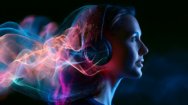 A young lady is enjoying music through headphones, surrounded by a colorful mesh that resembles digital sound waves. The image conveys the idea of a music streaming app, an immersive audio platform, p