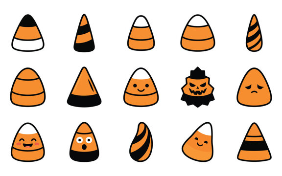 Set of cute halloween vector elements featuring various candy corn designs with funny faces and seasonal patterns