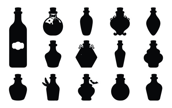 Set of black silhouette halloween vector elements featuring various potion bottles and magic elixir glass containers for design