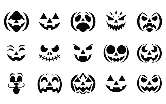 Set of spooky halloween vector elements featuring various carved pumpkin faces and scary jack o lantern expressions