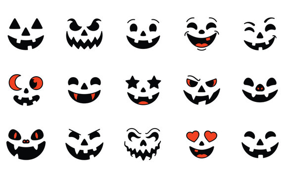 Collection of scary and funny pumpkin faces as halloween vector elements for festive holiday design and decoration