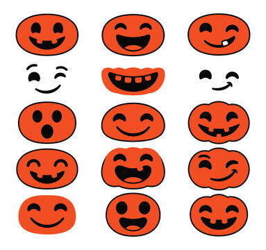 Set of funny pumpkin faces as halloween vector elements for holiday design projects and festive party decorations