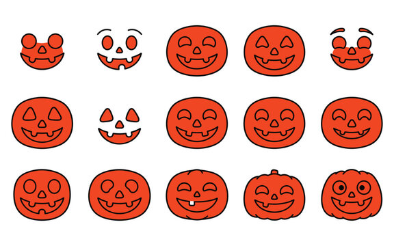 Set of cute orange pumpkin faces featuring various expressions as halloween vector elements for festive holiday design projects