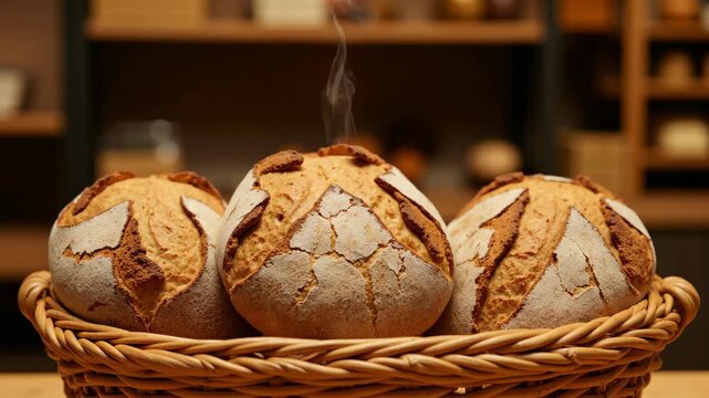 Basket of freshly baked bread rolls on a wooden table, with steam rising from the top loaf.