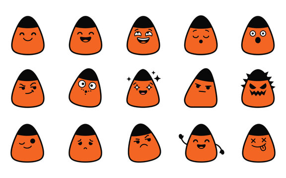 Set of cute candy corn characters with various funny facial expressions as halloween vector elements for holiday design