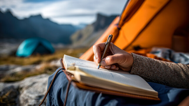 Close-up of hands writing in a journal at a mountain campsite