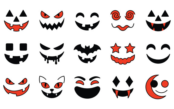 Set of spooky jack o lantern faces as halloween vector elements for festive holiday pumpkin carving designs