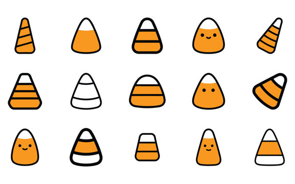 Set of cute candy corn halloween vector elements featuring various expressions and styles for festive seasonal design projects