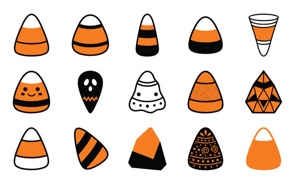 Set of cute hand drawn halloween vector elements featuring various styles of candy corn for seasonal holiday design projects