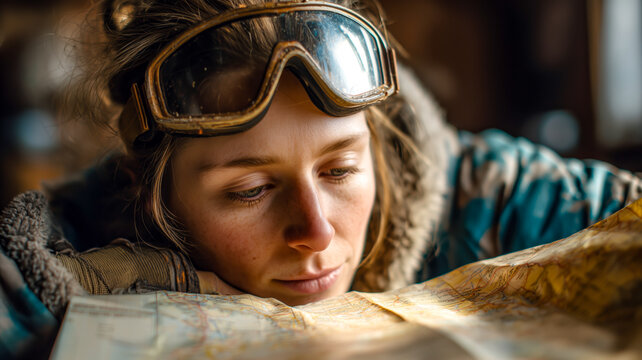 Tired explorer rests chin on map, deep in thought