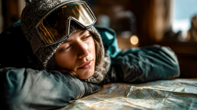 Pensive traveler rests head on map, lost in thought