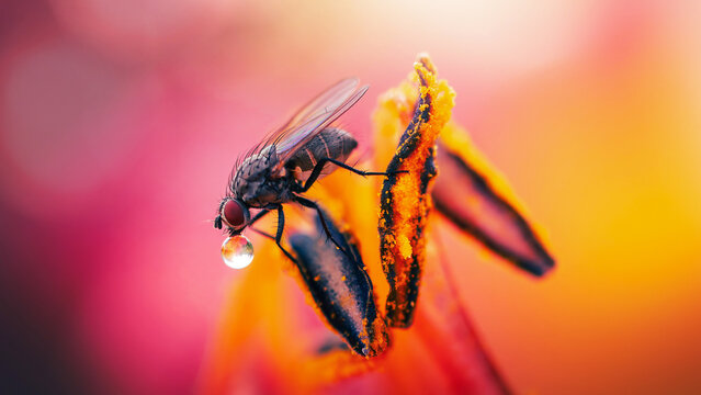 Fly with water droplet (droplet bubbling) on orange lily flower stamens, beautiful extreme macro photo with pollen details, shallow depth of field, and colorful blurred background