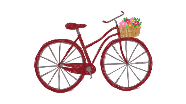 Hand-drawn red vintage bicycle illustration PNG with a wicker basket filled with colorful spring flowers, isolated on a clean transparent background
