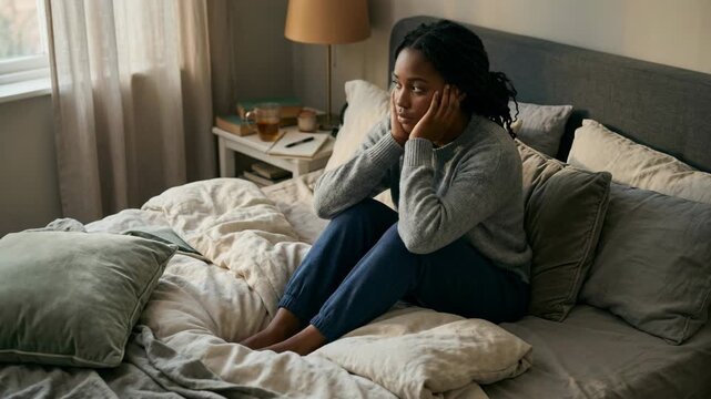Young woman sits on rumpled bed with hand on head, lost in contemplation. Homey bedroom setting suggests quiet moment of solitude.