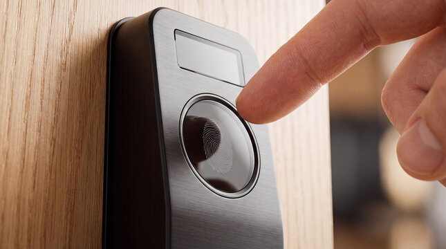 Close up of a finger pressing a biometric fingerprint scanner reader on a security access panel