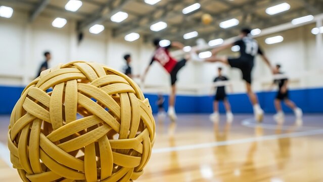 A close-up shot of a rattan ball, the centerpiece of a dynamic sepak takraw match, with blurred players in action in the background, capturing the sport's agility and intensity.