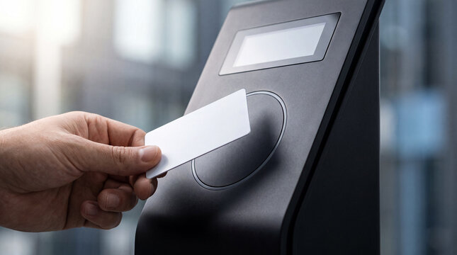 Close up of a hand tapping a white access card on a modern electronic security reader
