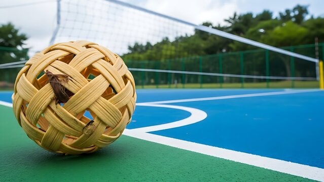 Sepak takraw ball on a blue court with net in background.