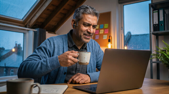 Senior Man on Video Call with Coffee Mug on a Rainy Morning