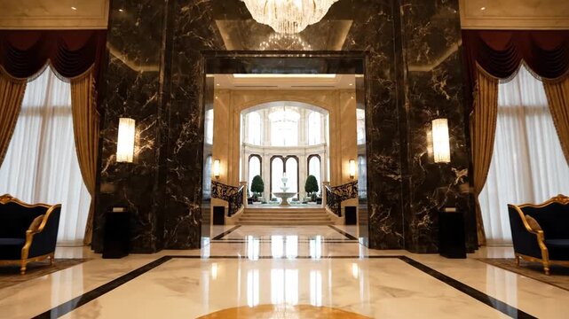 Luxurious grand hotel lobby with marble floors and chandelier