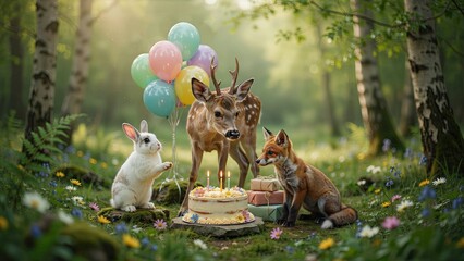 Fototapeta premium Forest animals gather around a delicious birthday cake with colorful balloons in a serene and sunny woodland setting.