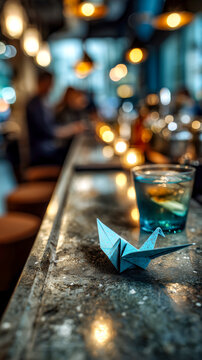 Vibrant blue origami crane, wet bar, warm bokeh lights, inviting atmosphere