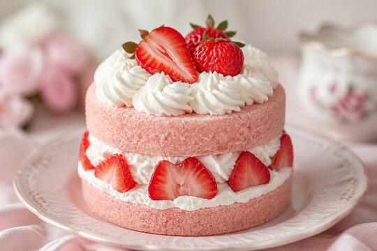 Pink sponge strawberry cake topped with whipped cream on plate