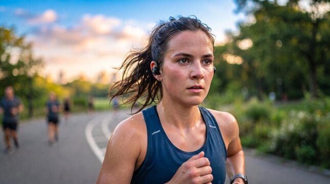 Mulher focada em sua corrida matinal, com os fones de ouvido sem fio e o nascer do sol ao fundo.