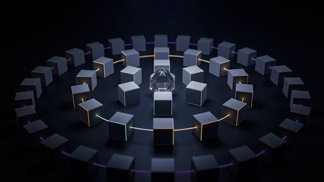 Cubes arranged in a perfect circle orbit a central glowing geometric core connected by luminous data pathways.