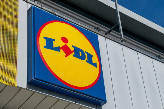 Lidl supermarket logo sign on building facade in Balerna, Switzerland